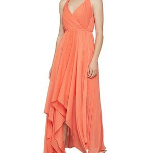 Coral Crinkle-Chiffon Handkerchief-Hem Dress